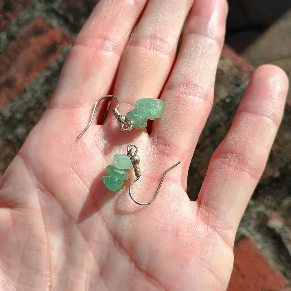 Artisan Crafted dainty stacked green aventurine dangle earrings, gorp core